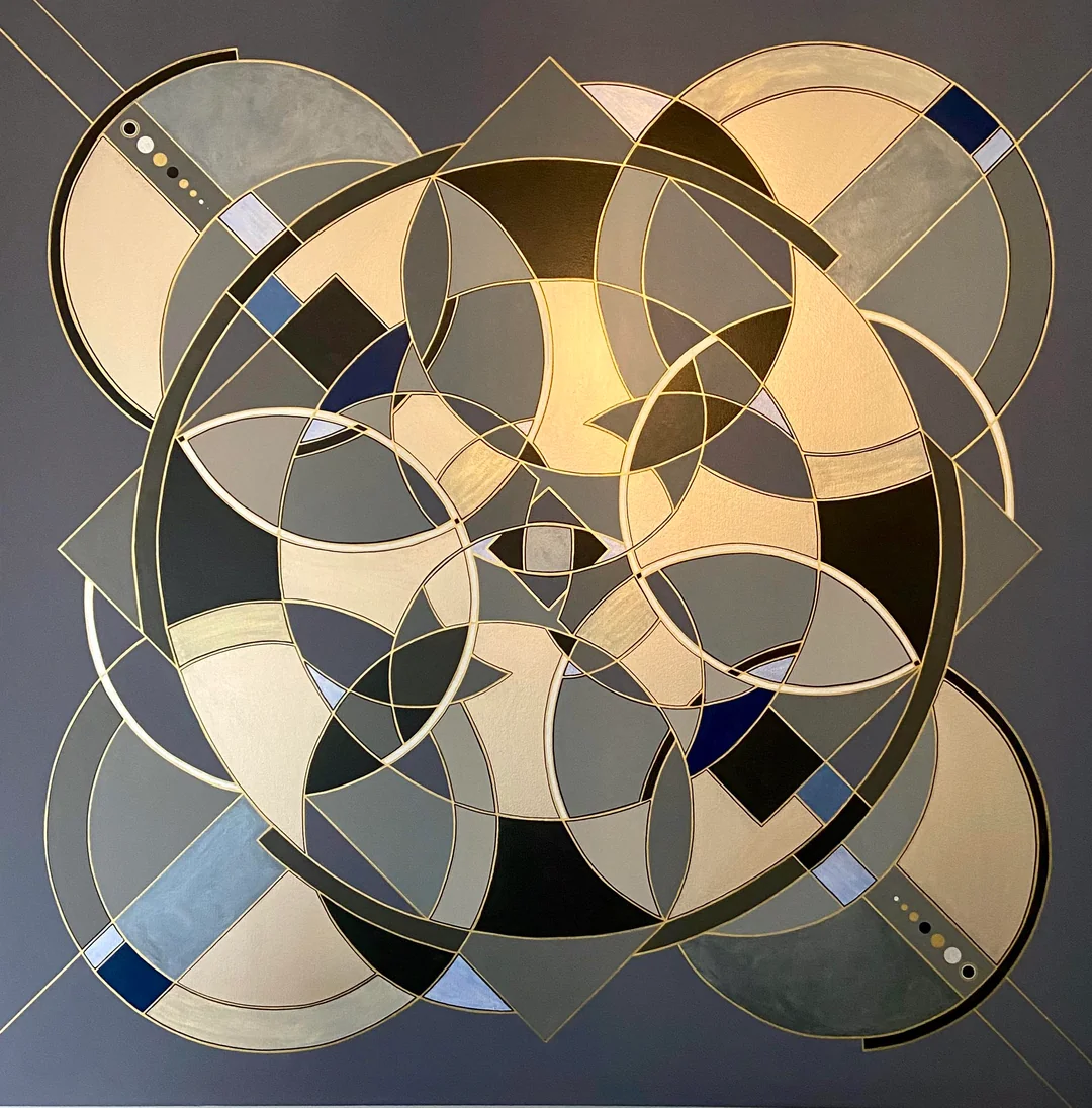 An abstract geometric painting with intersecting circles and measured lines.